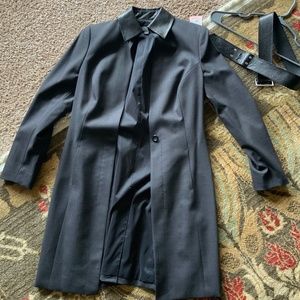 Long wool blazer with leather accents
